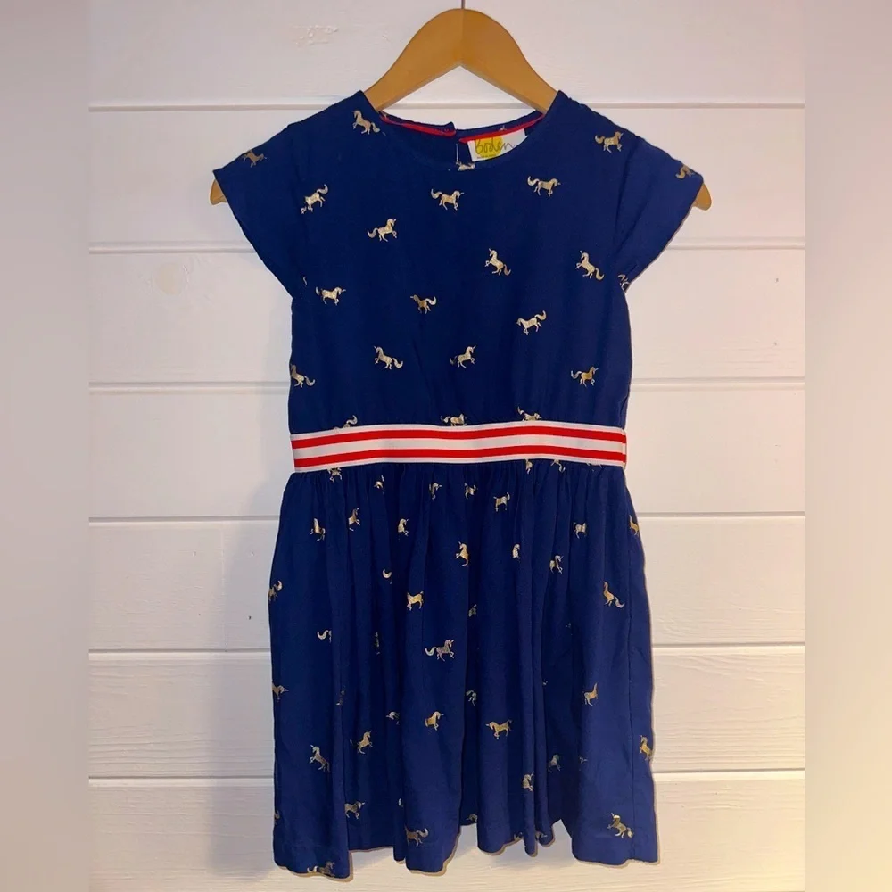 Mini Boden Girl’s 8-9Y Cute Metallic Unicorn Novelty Print Dress Pockets